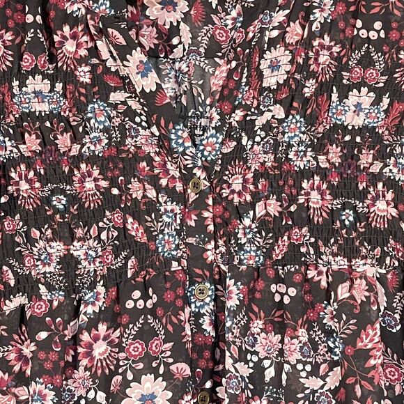 Knox Rose Sheer Blouse Women Size XS‎ Multicolor Floral Smocked Button Front - Picture 6 of 14